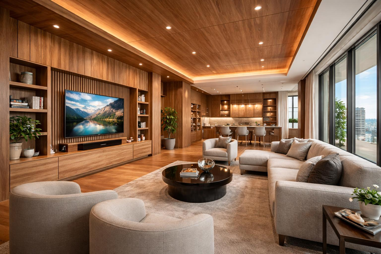 Cinematic luxury villa interior with rich timber walls and natural light