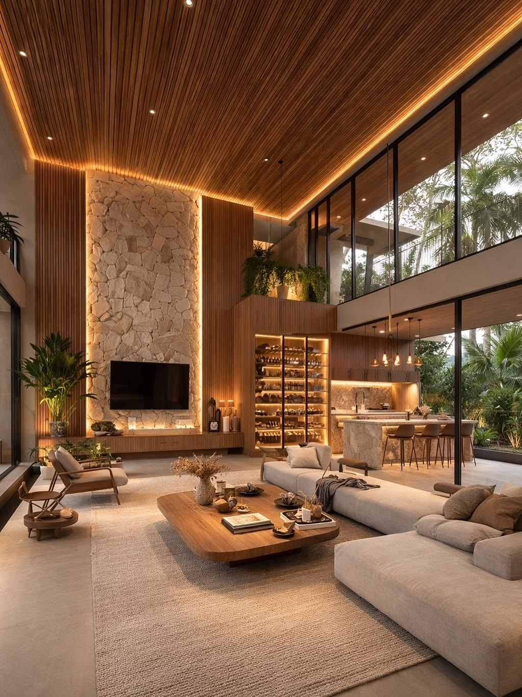 Full-width architectural photograph of a warm wooden interior